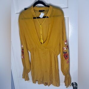 PrettyLittleThing Mustard Yellow Embroidered Long Sleeve Romper